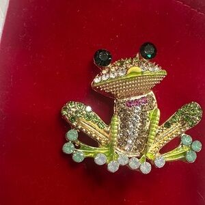 Frog Brooch with Green and Gold Accents